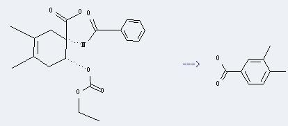 3,4-Dimethylbenzoic acid can be prepared by 1-benzoylamino-6-ethoxycarbonyloxy-3,4-dimethyl-cyclohex-3-enecarboxylic acid